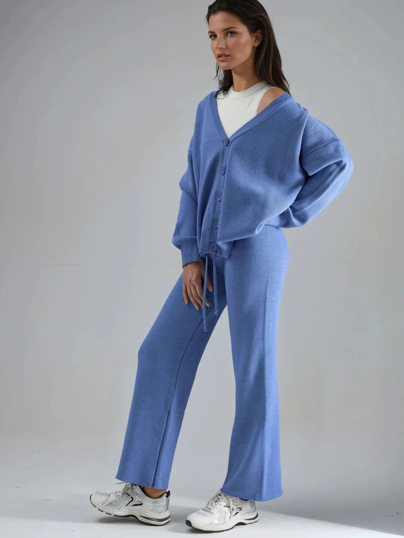 MY FASHION Baby Blue MY FASHION V-Neck Cardigan and Wide Leg Pants Knitwear Set for Women | Best Price UAE